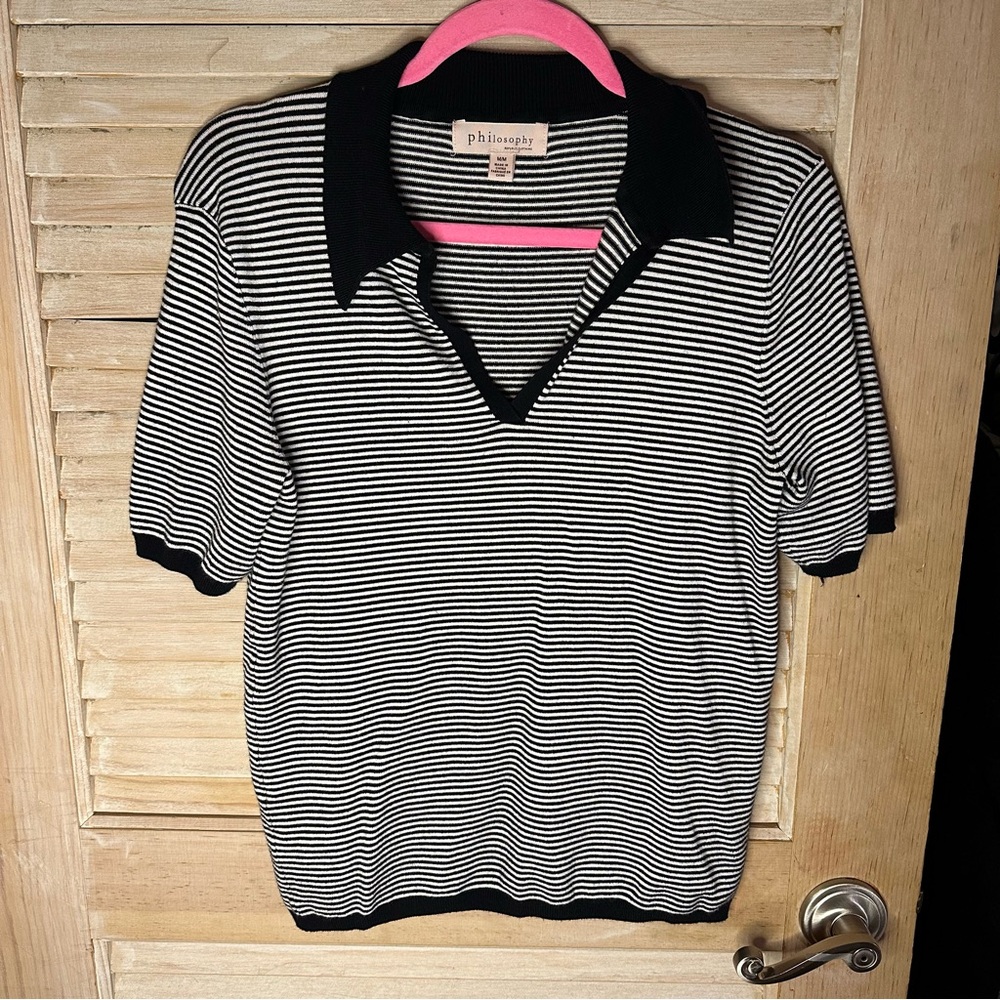 112 Philosophy Women’s Black and White Striped Polo Shirt- Size M